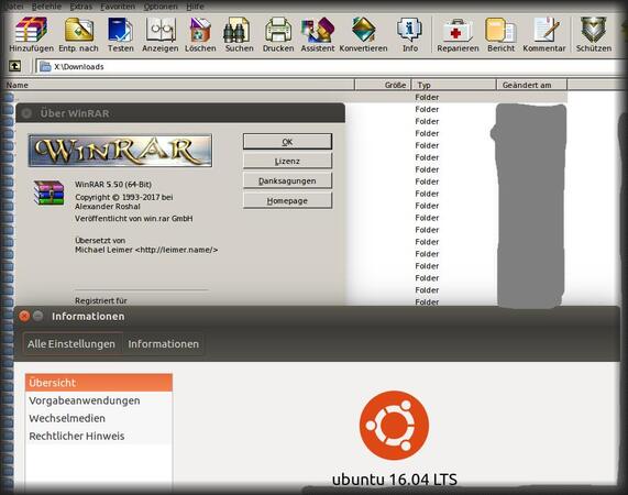 Bildschirmfoto von Winrar 5.5 unter Ubuntu 16.04.3