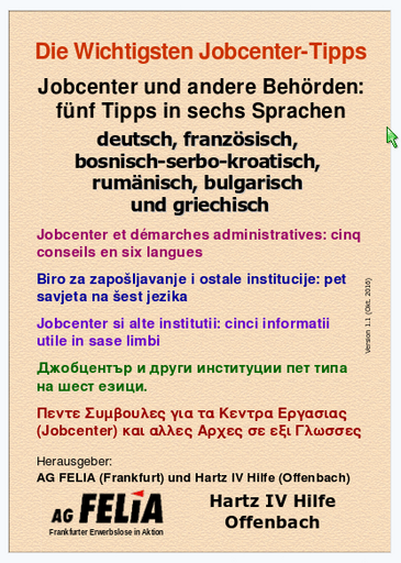 Erste Seite der farbigen DIN-A4-Ausgabe von: »Die Wichtigsten Jobcenter-Tipps - Jobcenter und andere Behörden: fünf Tipps in sechs Sprachen«